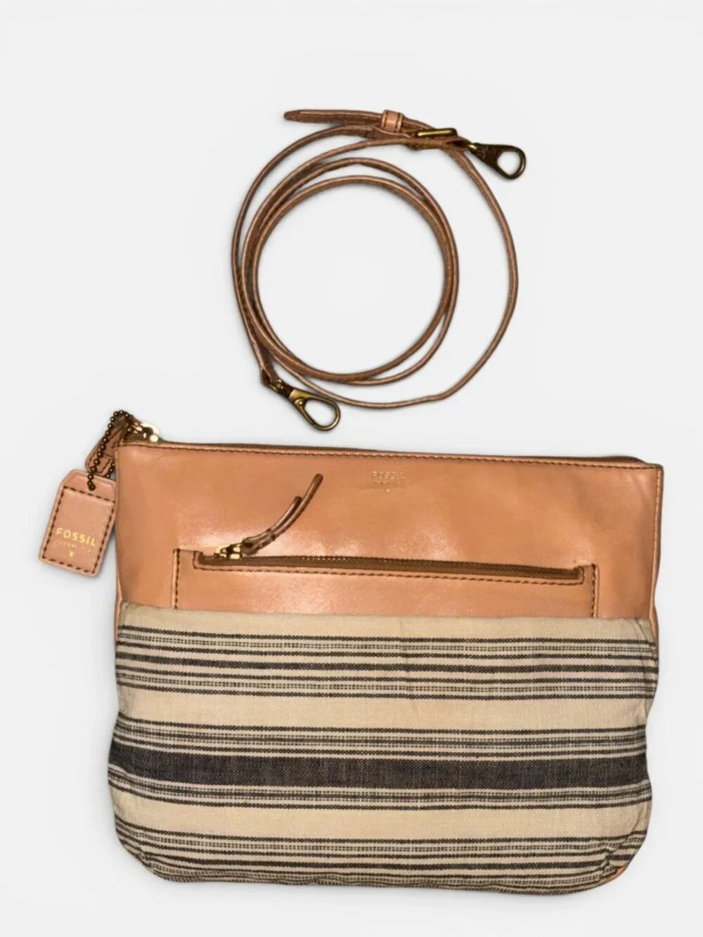 VTG Fossil Issue No 1954 Explorer Series Crossbody Striped Canvas Tan Bag VEGAN - Picture 4 of 10